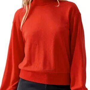 Women's Ruched Blouson Sleeve Turtleneck Dark Orange Top Medium